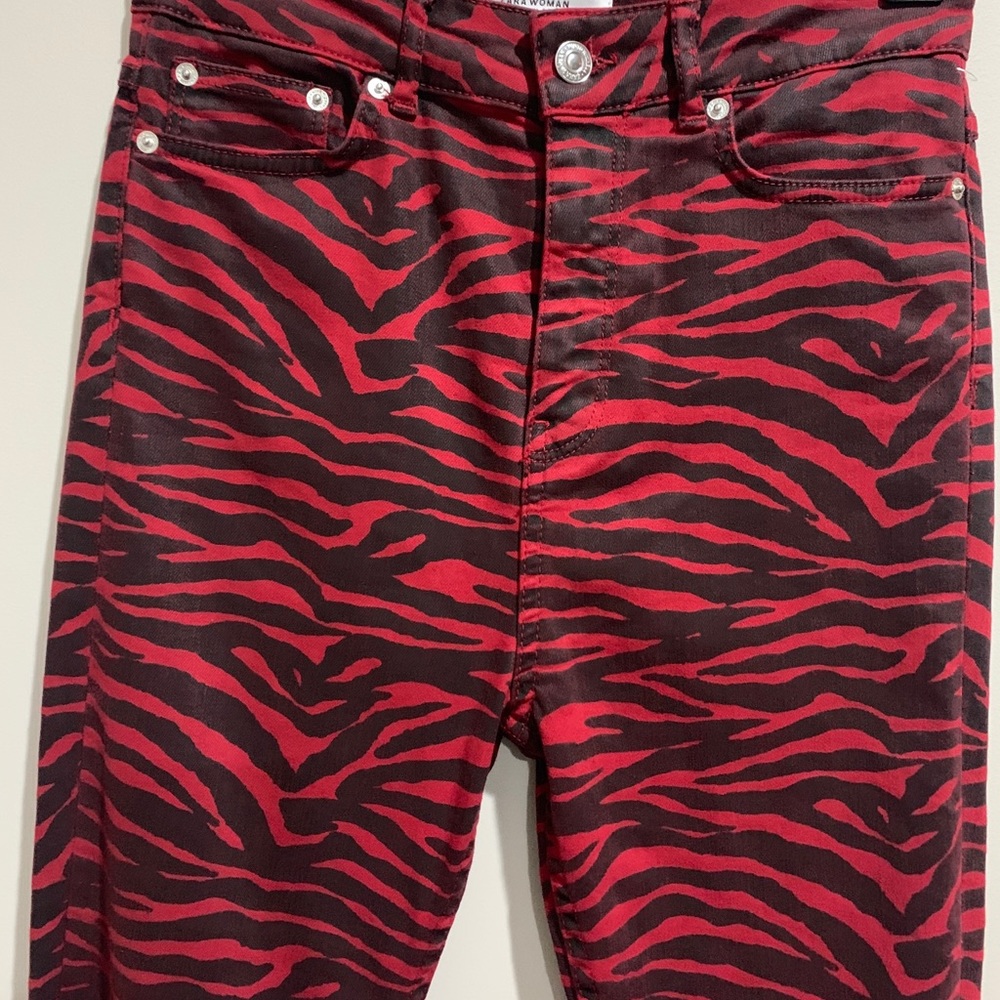 Zara Premium Red Zebra High Waist Jeans Size 4 - Picture 7 of 8